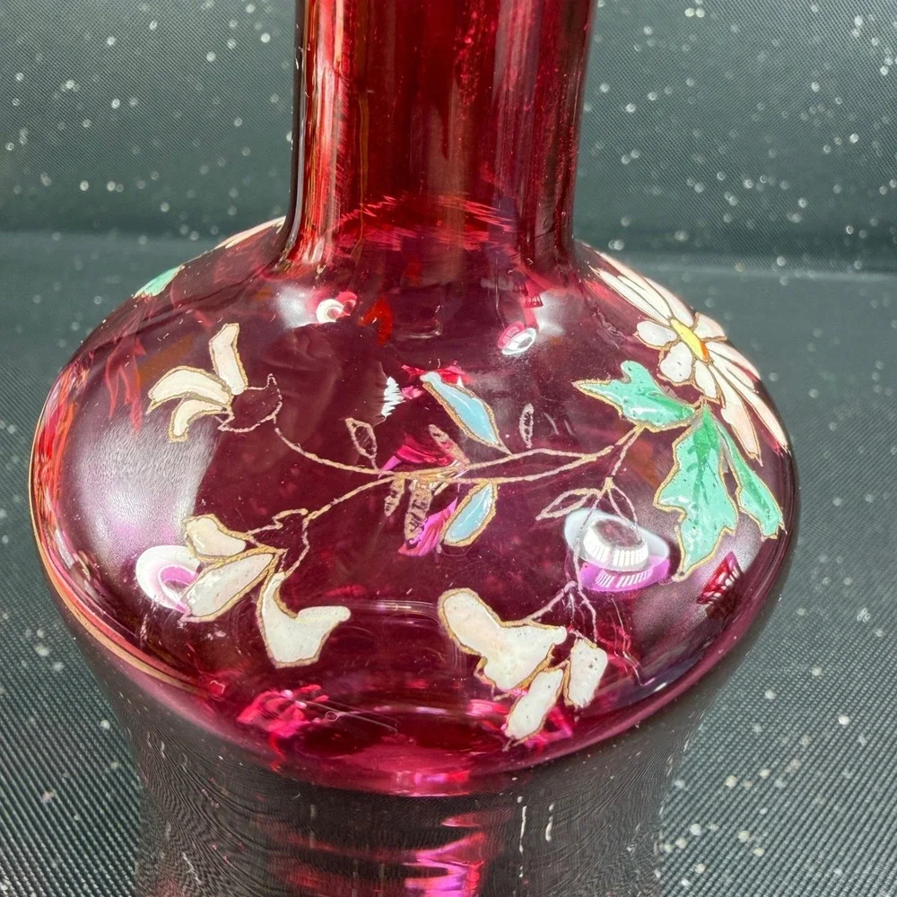 Antique Cranberry Glass Bud Vase Hand Painted Enamel Daisy Ruby Red 6.5inch